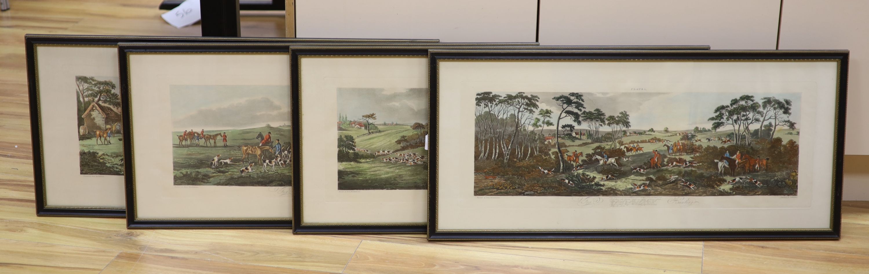 After Wolstenholme, set of four colour prints, Fox hunting scenes, overall 35 x 82cm